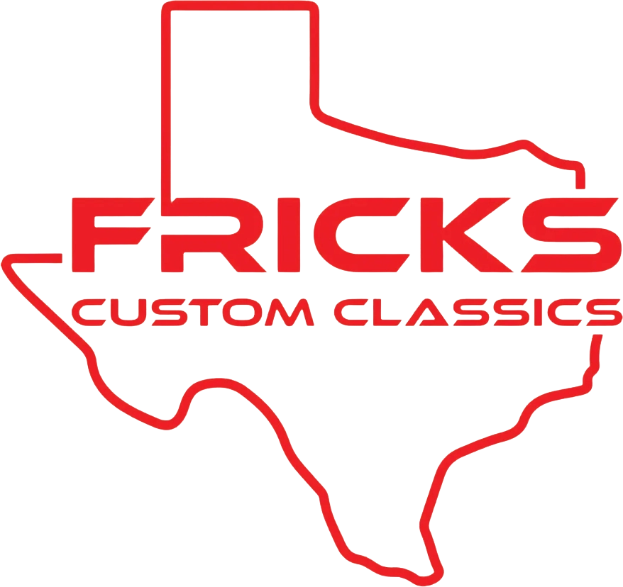 A red and black logo for fricks custom classics.